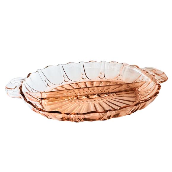 Pink Glass Oval Relish Tray with Handles – Vintage Sunburst Pattern - Picture 11 of 11
